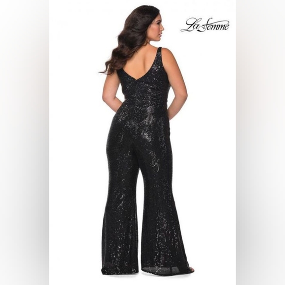 $398 La Femme Women's Size 18W Black Sleeveless Wide Leg Sequin Jumpsuit New - Picture 2 of 7